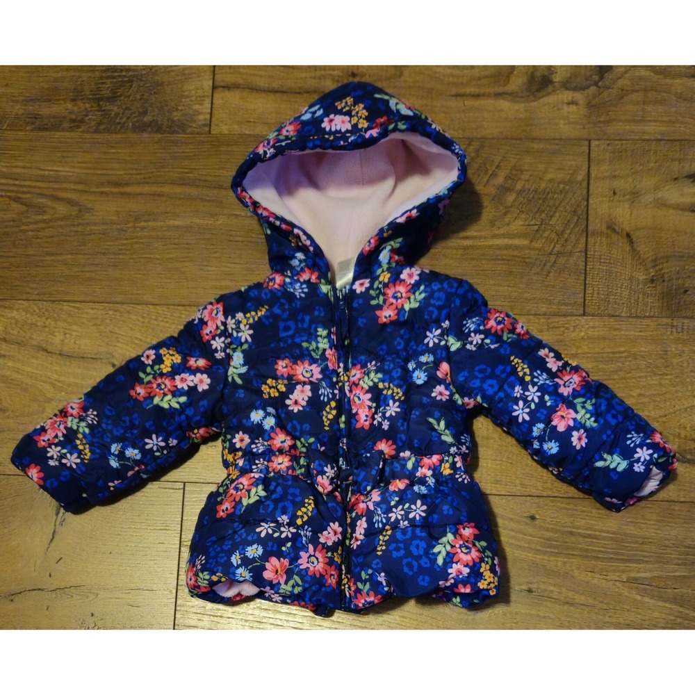 Little Me Girls 18M Hooded Puffer Coat Navy Blue Floral Print Pink Fleece Lined